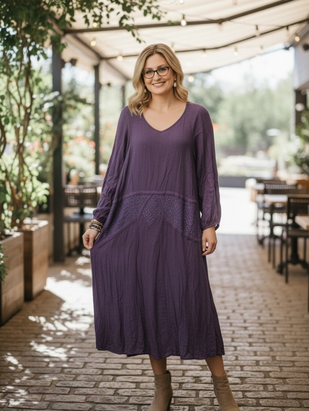 Coldwater Creek Purple Long Sleeved Drawstring Drop Waist Dress Ladies Large